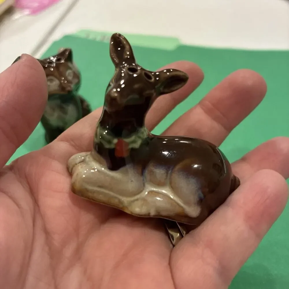 Deer And Fox Ceramic Salt And Pepper Shakers Fawn Whimsical Forest Animals Decor